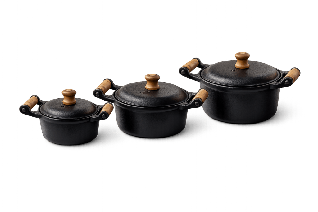 Kit caçarola de ferro fundido 1L, 1,5L e 2L